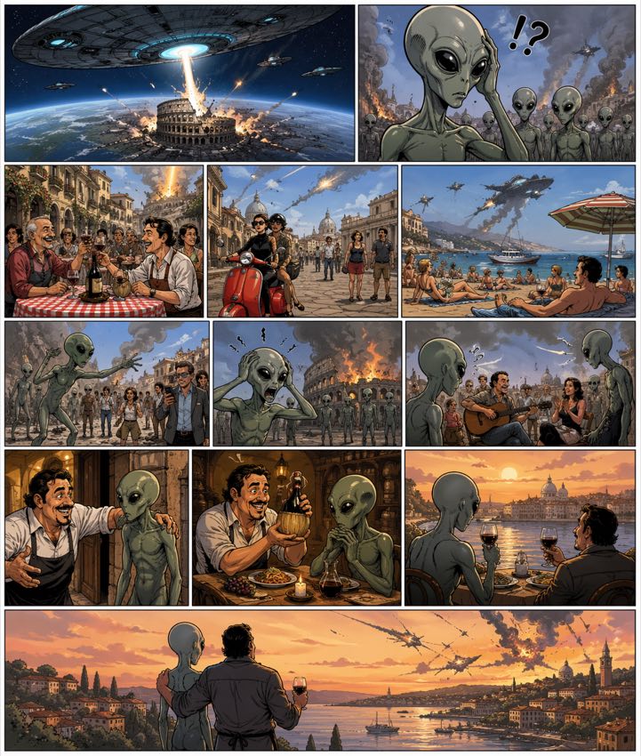 A colorful comic page about an alien arrival turning into an unlikely friendship