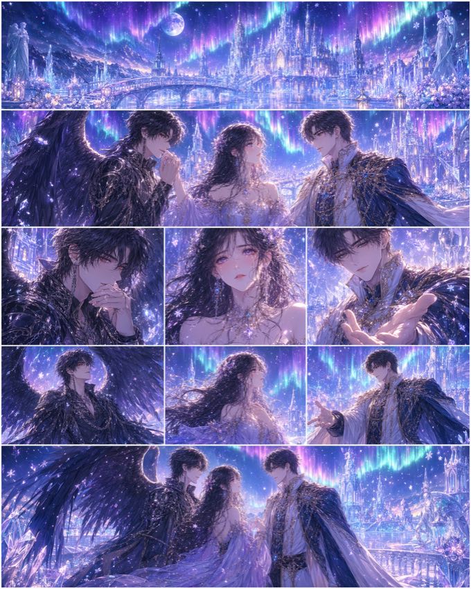 A fantasy comic page featuring three characters beneath an aurora-lit palace