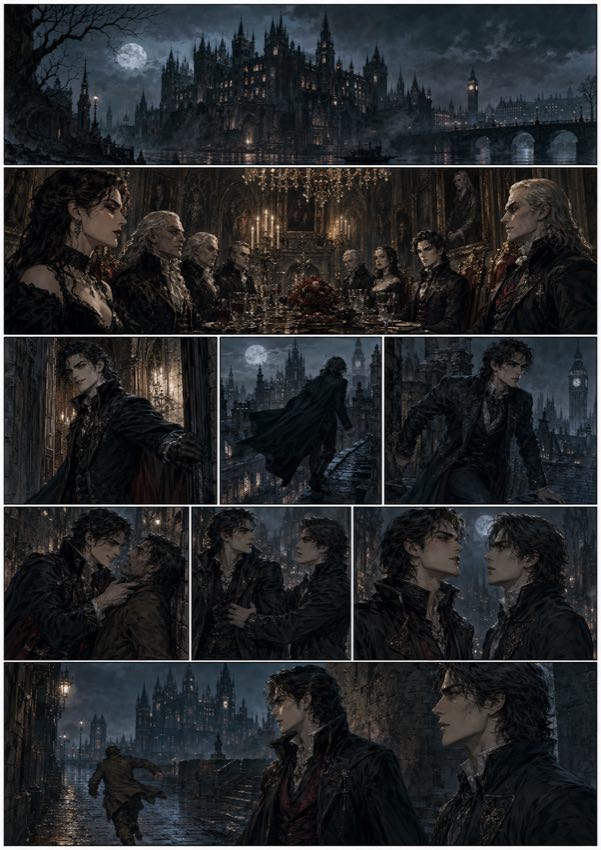 A dark gothic comic page set in a moonlit city of castles and vampires