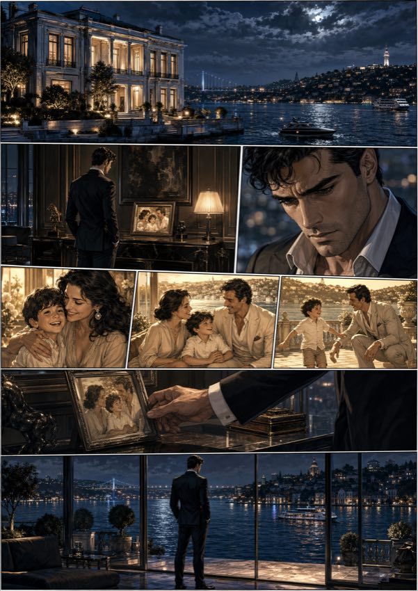 A dramatic comic page following a man remembering his family beside the Bosphorus